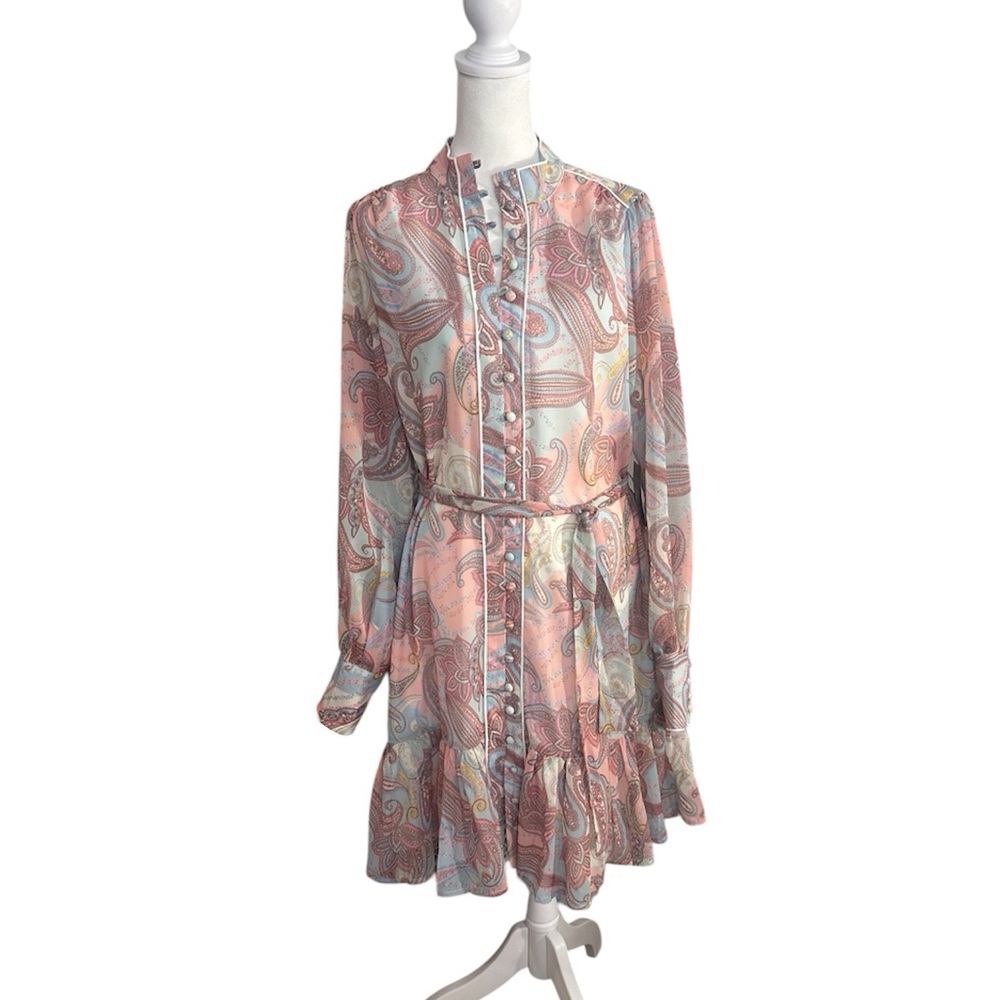NWT Boston Proper Paisley Womens Belted Shirt Dress Pink Blue Button Front Small